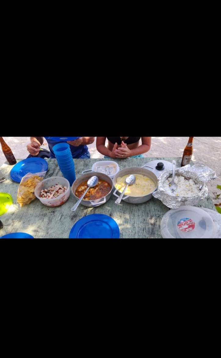 Guests gathered around a shaded picnic table with ceviche, soup, rice and chips