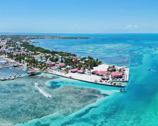 Aerial view of San Pedro, Ambergris Caye and the surrounding reef