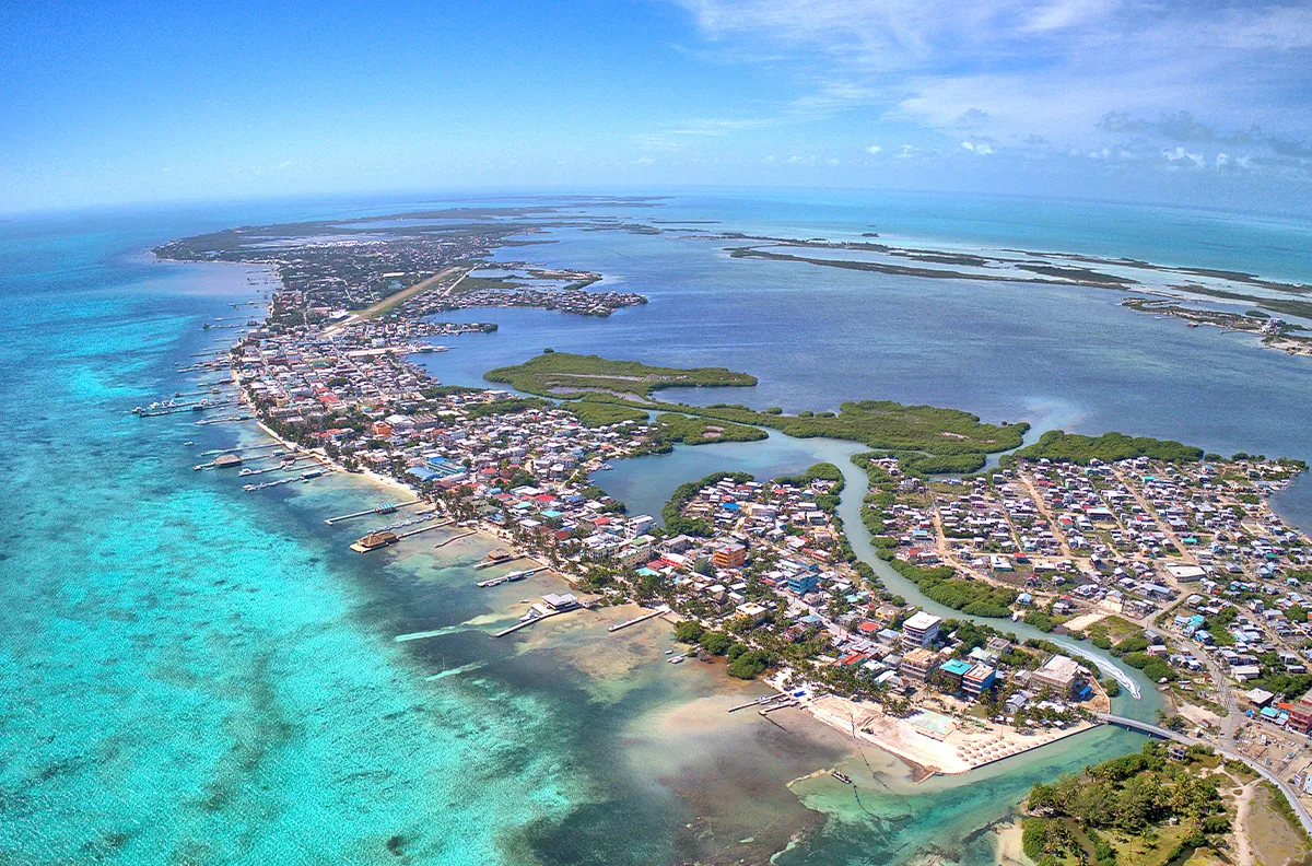 Aerial view of the Belize coastline and islands